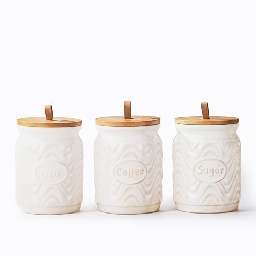 Home Harbour Clairmont Collection | Set of 3 Ceramic Tea, Sugar Coffee Canisters with Bamboo Airtight Lids | Storage Jars Containers Tea Sugar | Caddy Sets Kitchen Accessories Essentials (Pure White)