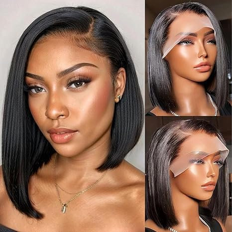 Short Bob Wig Perücke Echthaar Human Hair Glueless Wig 13x4 Lace Frontal Wig Bob Wig Perücke Natur Schwarz Transparent Lace Front Wig Pre Plucked with Baby Hair (black bob human hair, 12 Inch)