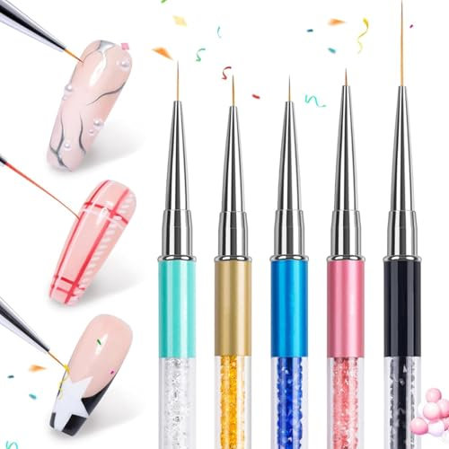 5Pcs Nail Art Liner Brushes, Nail Gel Polish Painting Nail Art Design Brush Pen Set Diamond Application Rhinestone Handle, Nail Dotting Painting Drawing Pen Sizes 5/7/9/11/20mm