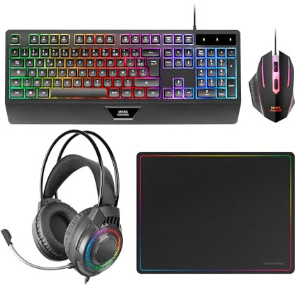 Mars Gaming MCP124PRO, Combo Gaming 4in1, Tastiera RGB H-Mech con Poggiapolsi, Mouse RGB 3200DPI e Switches HUANO, Cuffie FRGB, Tappetino Nanotessile 36x26cm, Multipiattaforma, Portoghese, Nero