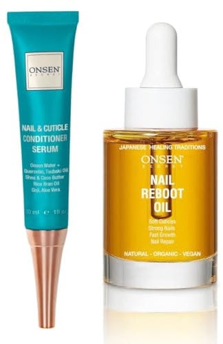 Onsen Secret Nail Reboot Duo - Treatment for Damaged Nails - Natural Nail Care & Cuticle Repair - Visible Results For Perfect Nails, Cuticle Conditioner Cream 30ml & Nail Reboot Oil 30ml