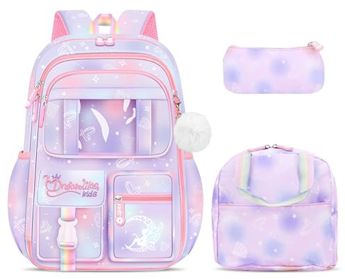 Amythe Schulrucksack Mädchen Set 3 in 1 mit Lunchtasche Federmäppchen, 2025 Rucksack Schule Kinder 3 Teilig Schulranzen mit Brustgurt Reflektierend, Schultasche Kawaii Wasserabweisend 26L-Lila