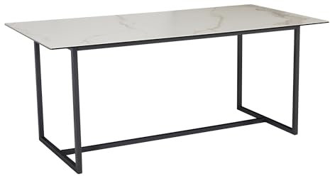 Esszimmertisch 180x90x76 cm Keramik Glas Esstisch Weiß Marmor-Optik | Küchentisch Groß | Glastisch Rechteckig | Speisetisch Esszimmer mit Metallbeinen