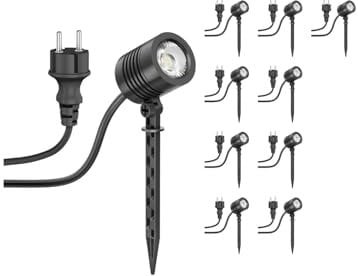 ledscom.de 10 Stück Kleiner LED Gartenstrahler mit Erdspieß TARL für außen, IP65, Stecker, schwarz, 4,3 W, 340lm, warmweiß