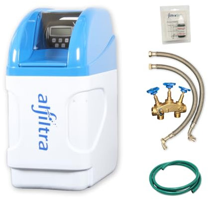 ALFILTRA Basic 20 Wasserenthärtungsanlage mit Anschluss-Set 1 | Entkalker mit Bypass für bis zu 3 Personen Haushalt | Mengengesteuert, Sparbesalzung & Kalkschutz für weiches Wasser