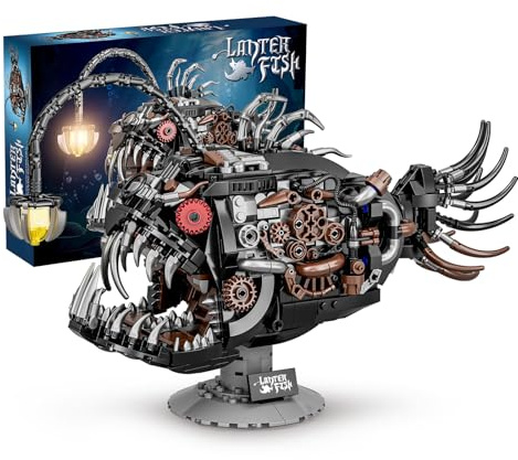 Mechanische Laterne Fisch Bauset Kompatibel mit Lego Anglerfish | 1038 Stück beleuchtete, drehbare Laterne, beweglicher Mund, Flossen und Schwanz; Sammlerstück und Geschenk für Erwachsene