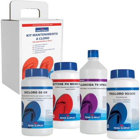Piscina Semplice, Kit Mantenimento a Cloro fino a 30 metri cubi, Facile e Veloce, Mantenimento Acque delle Piccole Piscine, Kit tutto in uno