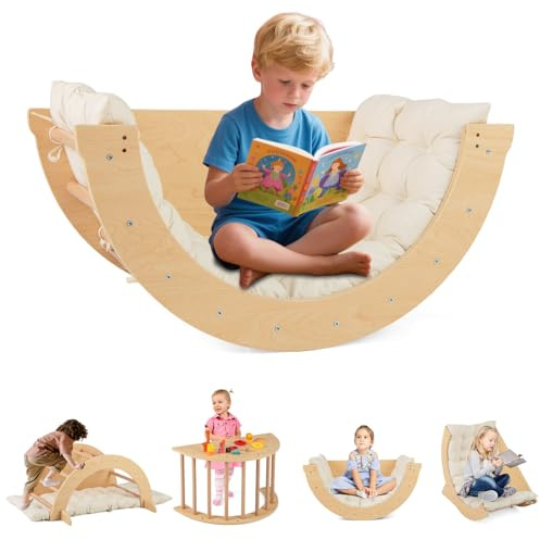 INFANS Wooden Arch Climber Rocker with Soft Cushion, 6 in 1 Montessori Climbing Toys for Toddlers, Waldorf Indoor Table Baby Children Ladder Gym Learning Playset for Kids (Natural with Desktop)