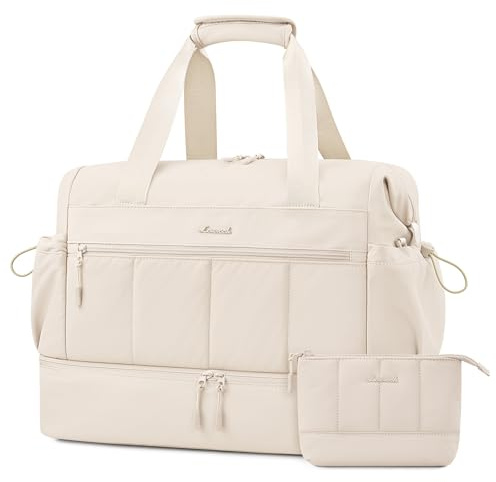 LOVEVOOK Reisetasche Damen, Leicht Weekender Handgepäck Tasche Wasserdicht | Travel Duffle Bag für Flugzeug Reise, Kliniktasche Geburt Krankenhaustasche Sporttasche mit Schuhfach für Gym, Beige