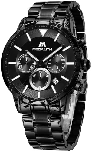MEGALITH Uhren Herren Chronograph Schwarz: Herrenuhr Edelstahl Quarz - Wasserdicht Armbanduhr Herren mit Datum