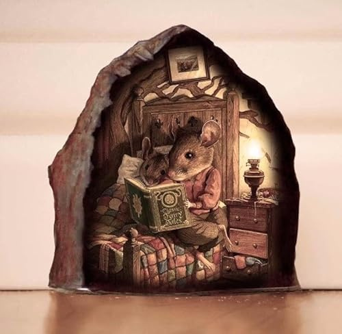 Mouse Hole Wall Decal, 3D Realistics Sticker, Mouse Reading Book in a Hole Decal Fun Art, Water Proof Wall Stickers for Bedroom Wall Decor Wall Treatments and Supplies
