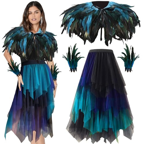 YOUYIKE Pfau Kostüm Damen, 3er Set Federkragen Manschetten Tüllrock, Gotische Hexenkostüm für Fasching Karneval Halloween Maskerade Party