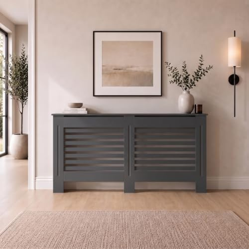DuraTherm® Radiator Cover Anthracite Grey Painted Modern Horizontal Slat Shelves MDF Cabinet Shelf for Radiators, Living Rooms, Bedrooms, Large (W: 152cm / H: 81.5cm / D: 19cm)