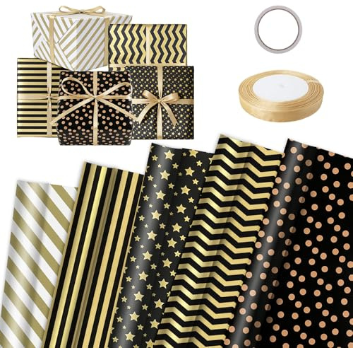 5er-Set Geschenkpapier Schwarz Gold Set 70x50cm Packpapier mit Doppelseitigem Klebeband & Geschenkband Gift Wrapping Paper Geschenkverpackung für Weihnachten, Geburtstag, Hochzeit, Jubiläum (A)