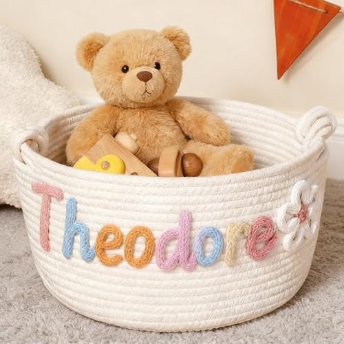 Personalisierter Babygeschenkkorb, Handgefertigter Korb Aus Geflochtenem Seil Mit Individuellem Namen, Osterkorb Für Jungen Und Mädchen, Geräumiger Wäschekorb(L:40X15X21CM)