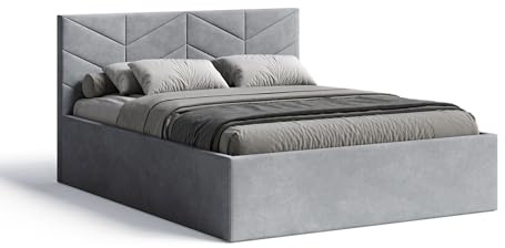 Meblofun Polsterbett Losange mit Kopfteil, 160x200 cm, Doppelbett mit Bettkasten und Lattenrost aus Holz, Velourstoff, Farbe: Grau