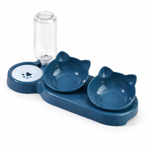 3-in-1 Cat Feeding Station with Automatic Water Dispenser, Raised Cat Bowls with Stand, Cat Food and Water Bowl Set, Non-Slip Cat Feeder for Cats & Kittens (Dark Blue)