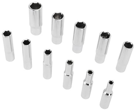 Fawfose 11 Pieces Extended Socket Set 1 4 Inch Hex Socket Chrome Vanadium Steel 6 Point Deep 4 14MM Mirror Chrome Finish for Home Maintenance Outdoor Work Mechanical Repairs