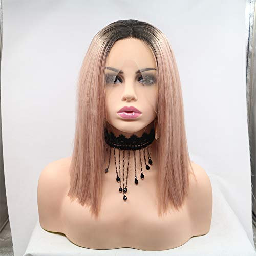 Xiweiya Rosa synthetische Perücke mit Spitzen-Front-Perücke für Frauen, goldfarben, rosafarbene Frisur, roségold, pastellrosa, Perücke für Mädc 14inch