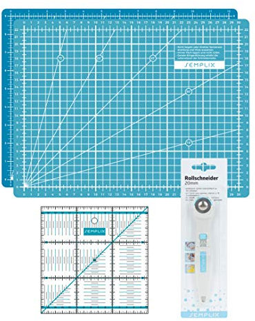 SEMPLIX Schneidematten Set (A4) Ideal für Näh-, Bastel- und Patchworkarbeiten, Schneideunterlage 30 x 22 cm, Rollschneider Super Mini 20 cm, Patchwork-Lineal 15 x 15 cm (türkis/Petrol)