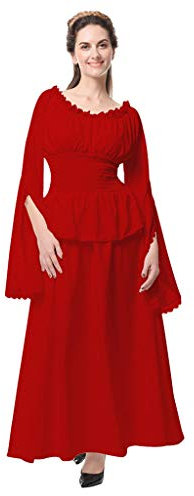 Lazzboy Retro Mittelalter Renaissance Cosplay Vintage Party Trompetenärmel Prinzessin Bodenlanges Kleid Kleidung Gothic Viktorianischen Langarm Brautjungfern Reizvolle Hochzeits(Rot,M)