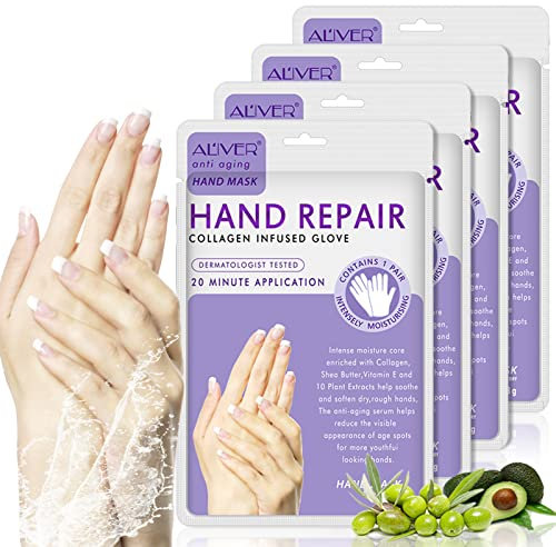 4 Pack Hands Moisturizing Gloves, Hand Spa Mask Infused Collagen, Serum + Vitamins + Natural Plant Extracts for Dry, Cracked Hands, Moisturizer Hands Mask, Repair Rough Skin for Women&Men