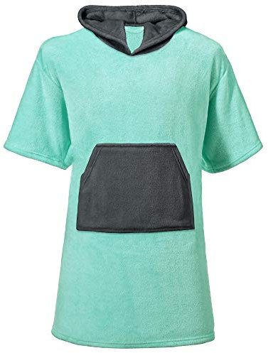 CelinaTex Happyfun Poncho kurz 52 x 85 cm Mint anthrazit Mikro-Flanell Badeponcho Mikrofaser Surfponcho Handtuch