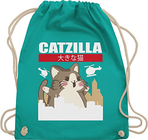 Turnbeutel Rucksack - Anime Geschenke - Catzilla - Big Cat - Unisize - Türkis - otaku merch turnbeutel+anime geschenk+anime katze turnsack japanische tasche anime+tasche animi beutel anemie