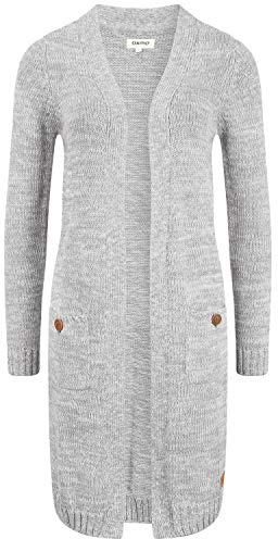 OXMO OXPhiletta Damen Lange Strickjacke Grobstrick Cardigan Longstrickjacke aufgesetzte Taschen 100% Baumwolle Regular fit, Größe:XL, Farbe:LIG Grey M (798242)