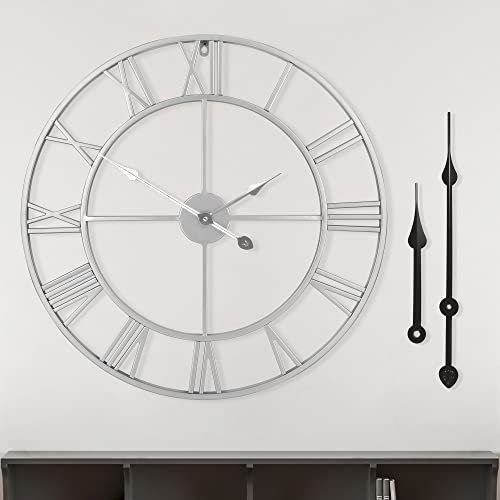 Große Wanduhr im Vintage-Stil, rund, Metall, geräuschlos, nicht tickend, batteriebetrieben, 60 cm, schwarze römische Ziffern, Uhren für Wohnzimmer, Schlafzimmer, Küchendekoration