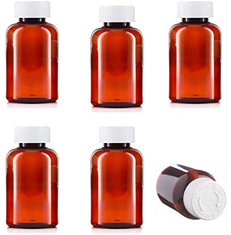 200ml Pill pots with lids, Empty Plastic Medicine Amber Bottles, Pill Storage containers with Screw Child Safe caps, Very Strong Medicine Storage Bottles (6)