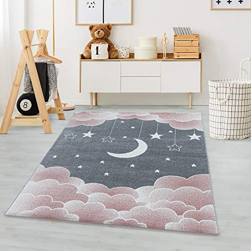Carpetsale24 Kinderteppich Mond- und Sterne Design Pastellfarben Pink und Grau 120 x 170 cm - Kurzflor Teppich Kinderzimmer Spielteppich Babyteppich für Junge und Mädchen Extra Weich und Antiallergen