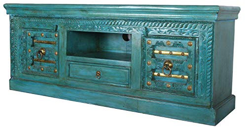 Fernsehkommode Harim 150x40x61 cm (BxTxH) türkis aus Massivholz geschnitzt mit Messingintarsien verziert Vintage Echtholz TV-Lowboard Wohnzimmer Boho Chic TV-Schrank CATV170