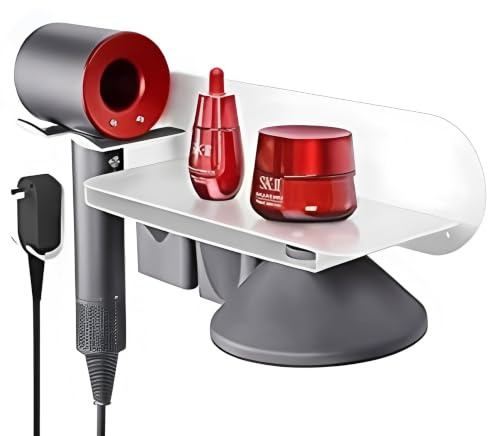 FLE Haartrocknerhalter Wandmontage mit Ablage – Haartrocknerhalter Rack Organizer kompatibel für Dyson Supersonic Haartrockner, weiß