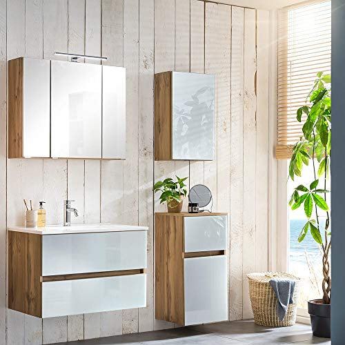 Lomadox Badezimmer Komplett Set in Wotaneiche Nb. mit Glasfronten weiß inkl. LED Beleuchtung, Mineralgussbecken, B/H/T: ca. 140/200/47 cm