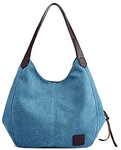 DIRRONA Mujer Lona Bolso de Mano Lona Hombro Bolso Tote Bolso Mujer Casual Bolso Viaje Ligero Capacidad Tote Bolso Bolsa de Playa Azul A