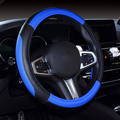 Riloer Auto-Lenkradbezug, PU-Leder, blau, weicher Auto-Lenkradbezug aus echtem Leder, passend für Lenkrad mit 38 cm Durchmesser