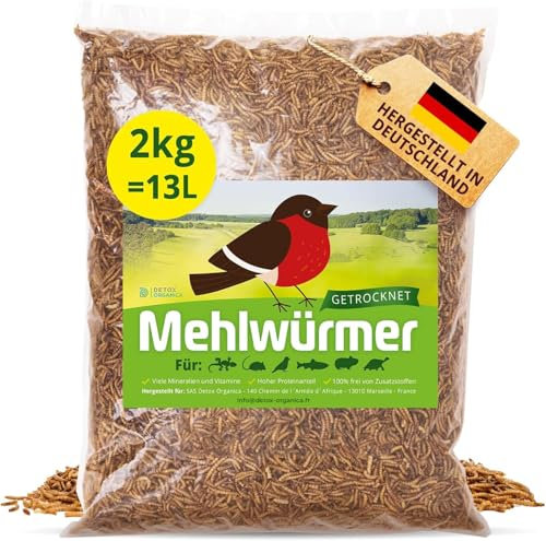 Detox Organica Mehlwürmer Getrocknet, 2Kg (13L) getrocknete Mehlwürmer mit sehr hohem Proteingehalt, Würmer für Reptilien, Vögel, Wildvögel, Igel, Fische, Schildkröten & Nager – Premium Qualität