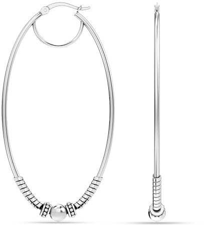 LeCalla Sterling Silber Balinese Creolen Antike oxidiert balinesischen Schmuck | Oval große Perlen Bali Ohrring Creolen für Frauen - 65mm