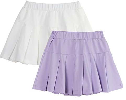 2 Pezzi Gonna a Pieghe Bambina Corta Vita Elastica Gonna Sportiva con Pantaloncini Interni per Ragazza(Bianco Viola,110/4-5 Anni)