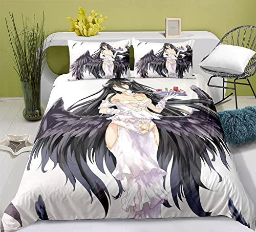 Overlord Albedo- Schwarze Flügel Anime Bettwäsche-Sets Cartoon 3D-gedrucktes Polyestergewebe 1 Bettbezug + 2 Kissenbezüge (keine Bettdecke)