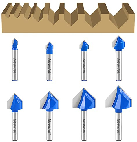 Newdeli 8-teiliges 90-Grad-V-Nut-Oberfräsen-Set, 1/4-Zoll-Schaft, 1/4 Zoll bis 1 Zoll, Hartmetall, 2-Nut-Gravier-Bit, Schrägfräser, Werkzeug