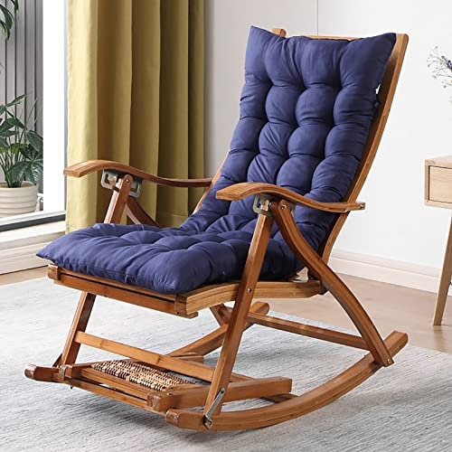 Klappbarer Liegen Sonnenliege Holz Liegestuhl Garten Schaukelstuhl Bambus Relaxliege Garten Schwingstuhl Schwingsessel, 5-Gang Verstellbarer mit Auflage Armlehne. max. Unterstützung 550lbs B blue