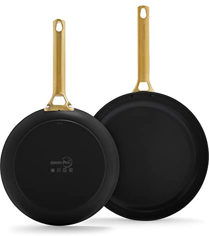 GreenPan Reserve Hard Anodized Healthy Ceramic Nonstick 8 and 10 Frying Pan Skillet Set, Gold Handle, PFAS-Free, Dishwasher Safe, Oven Safe, Black