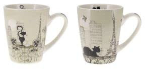 KIUB Set de 2 mini tasses Paris Tour Eiffel - motif chat au restaurant et chat couché - porcelaine fine et hauteur 7,5CM - boite assortie