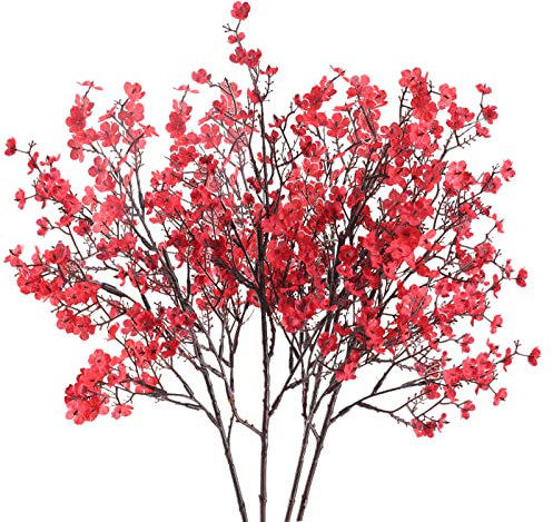 SLFYEE 4pcs Künstliche Pflanzen Zweige Rot Kunstblumen Pflaumenblüte Trockenblumen Zweige Getrocknete Blumen Deko für Hochzeit Party Vase Winter Zuhause Tischdeko Dekoration 52cm