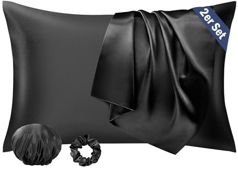 Seiwohl Satin Kissenbezug 40 x 80 2er Set, Weich wie Seidenkissenbezug Silk Pillowcase, Vegane Seide Kopfkissenbezug Kissenhülle Haarschutz für die Nacht mit Haargummi und Haarhaube, Schwarz