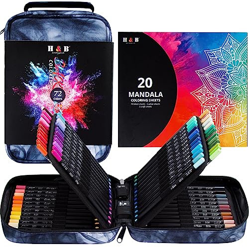 H & B Buntstifte-Set, 72 Stück, mit Mandala-Malbögen, Kunstbedarf für Erwachsene und Kinder
