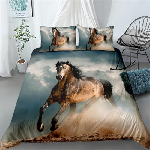 TULTOAP Juego de Ropa de Cama Infantil diseño de Caballos Corriendo, diseño de Animales y Caballos, Funda nórdica para niños, jóvenes, con Cremallera y Funda de Almohada (marrón, 135 x 200 cm)