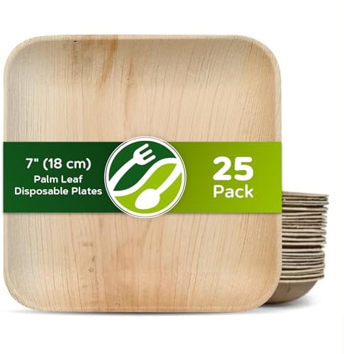ECO Leaf 25 Pack 7” (18cm) Square Disposable Palm Leaf Plates – Compostable, Eco-Friendly, Biodegradable, Bamboo Plates, Oven Safe, Perfect for Weddings, Parties, Picnics and Dessert Tableware